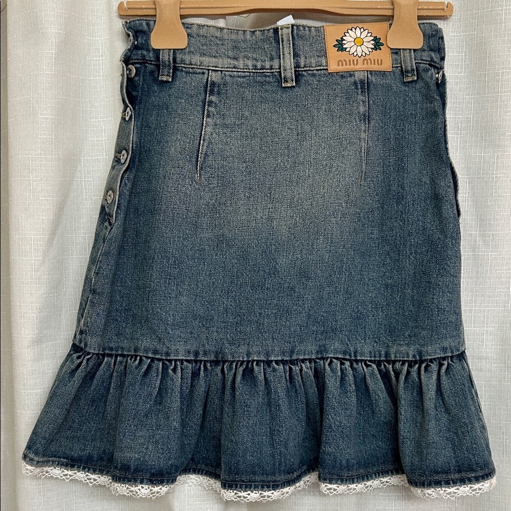 Miu Miu Blue Denim Skirt with Ruffle Hem